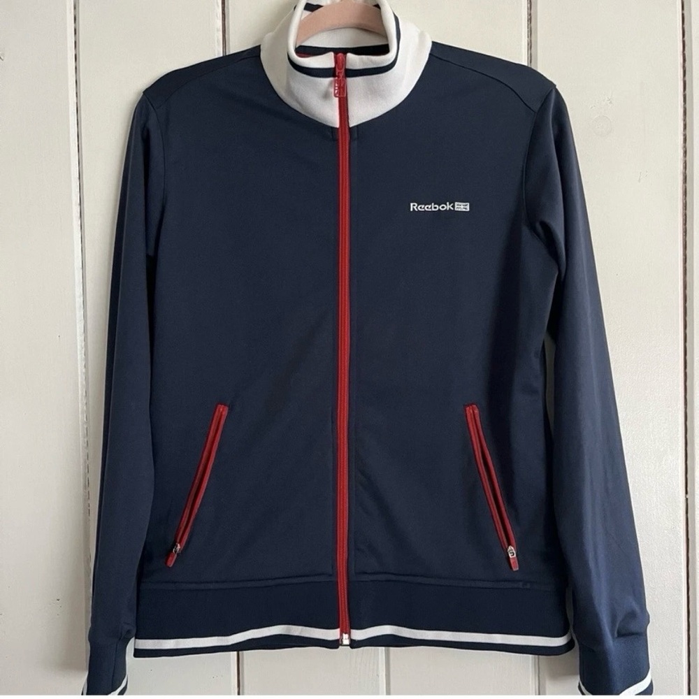 Vtg Reebok Navy Red Women’s Sz L Classic Logo Union Jack Full Zip Track Jacket
